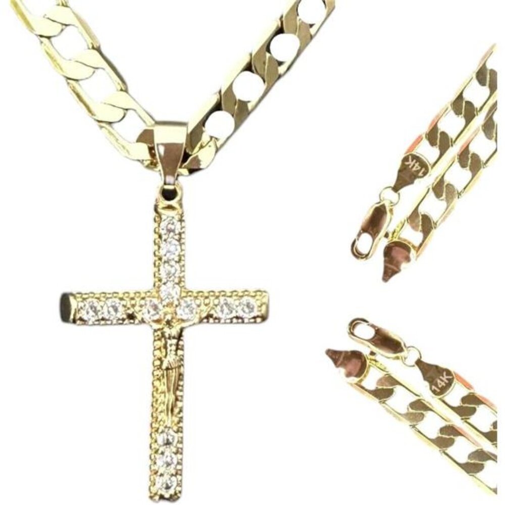 14K GP Jesus Christ Cross Crucifix Pendant CZ, Miami Cuban Chain 20-Inch 4mm